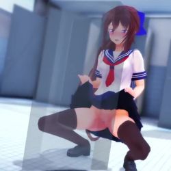 1girl 3d animated blue_eyes brown_eyes brown_hair censored clothes_lift hikamo123 lifting_own_clothes minase_hikari no_panties open_mouth original peeing ponytail public_bathroom pussy skirt skirt_lift solo sound squatting toilet_use urinal urinal_use video
