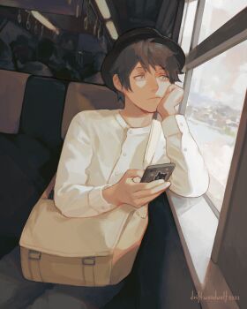 1boy artist_name bag bilingual_commentary black_hair black_hat black_pants cellphone commentary driftwoodwolf english_commentary expressionless grey_eyes hat holding holding_phone long_sleeves male_focus mixed-language_commentary original pants phone scenery shirt shoulder_bag sitting smartphone solo train_interior white_shirt window