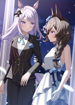 Rule 34 | 2girls, animal ears, aqua ribbon, black jacket, black pants, black suit, black vest, blue flower, blue rose, blush, bow, braid, braided ponytail, breasts, brown hair, closed mouth, collared shirt, commentary request, dress, flipped hair, flower, formal clothes, gloves, hair bow, hair over one eye, highres, holding another's arm, horse ears, horse girl, horse tail, jacket, kurumi lm, long hair, long sleeves, mejiro mcqueen (umamusume), multiple girls, neck ribbon, open clothes, open jacket, pants, parted lips, purple eyes, purple hair, ribbon, rice shower (umamusume), rose, shirt, sleeveless, sleeveless dress, small breasts, smile, suit, tail, umamusume, vest, white dress, white gloves, white shirt, yuri