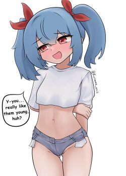1girl :d arms_behind_back blue_hair blue_shorts blush breasts colphne_(girls'_frontline_2) cropped_shirt embarrassed english_text girls'_frontline girls'_frontline_2:_exilium groin hair_between_eyes hand_on_own_arm highres hip_focus loli looking_down medium_hair micro_shorts midriff navel nervous open_mouth red_eyes shirt shorts small_breasts smile solo stomach thigh_gap thighs twintails twitter_cutting_game twitter_strip_game white_shirt yuga_pratama