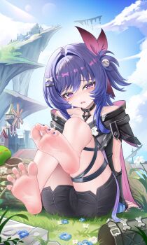 1girl absurdres asymmetrical_legwear bare_shoulders blue_hair blush collarbone eyelashes genshin_impact grass highres jndfh loli outdoors prune_(genshin_impact) purple_eyes soles solo