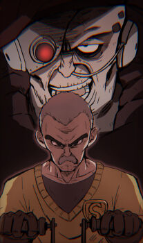 2boys absurdres beard_stubble black_eyes breathing_tube brown_gloves brown_shirt chiro_illust chromatic_aberration commentary_request cyborg facial_hair gloves grey_hair headphones highres lever looking_at_viewer male_focus mechabare multiple_boys mustache old old_man partial_commentary rao_(sand_land) sand_land sheriff_badge shirt short_hair stubble sweater very_short_hair wrinkled_skin yellow_sweater zeu_(sand_land)