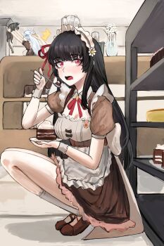 3girls absurdres apron black_cat black_hair blush breasts brown_dress brown_shoes cake camellya_(wuthering_waves) cat chisa_(wuthering_waves) cleavage commentary dress food hair_ribbon highres indoors long_hair looking_at_viewer maid_headdress medium_breasts mizutamarii multiple_girls official_alternate_costume open_mouth red_eyes red_ribbon ribbon shoes shorekeeper_(wuthering_waves) solo_focus squatting very_long_hair wuthering_waves