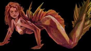 1girl absurdres back_fin black_background closed_eyes commentary crawling facing_viewer full_body highres long_hair mermaid monster_girl nude original painterly red_hair red_theme simple_background solo symbol-only_commentary twulfs