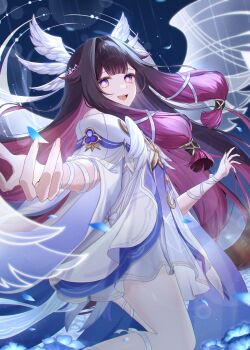 Rule 34 | 1girl, :d, absurdres, black hair, blue flower, bright pupils, columbina (genshin impact), commentary request, cowboy shot, dress, flower, genshin impact, hair intakes, hanamoti monawa, head wings, highres, long hair, looking at viewer, multicolored hair, open mouth, outstretched arm, petals, purple eyes, purple hair, ribbon, smile, solo, transparent wings, white dress, white ribbon, wings
