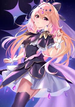 Rule 34 | 1girl, antenna hair, artist name, black bow, black dress, black necktie, blonde hair, bow, braid, brooch, commentary request, cure arcana shadow, dress, earrings, gradient hair, hair intakes, hair ornament, half up braid, heart, heart brooch, highres, jewelry, ldfe mk2, long hair, magical girl, meitantei precure!, moria luluka, multicolored hair, necktie, pink eyes, pink hair, precure, purple nails, purple thighhighs, purple veil, shadow, solo, thighhighs, thighs, veil