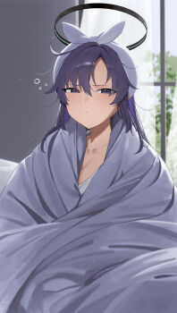 1girl absurdres black_halo blue_archive closed_mouth commentary dot_mouth hairband halo highres indoors light_blush long_hair looking_at_viewer messy_hair mm_(mhm2592) official_alternate_costume purple_eyes purple_hair red_pupils sleepy solo squeans white_hairband window wrapped_in_blanket yuuka_(blue_archive) yuuka_(pajamas)_(blue_archive)