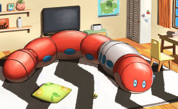 animal_focus applin book bubble cabinet chair character_sticker closed_eyes curtains drifloon full_body game_console gen_1_pokemon gen_2_pokemon gen_4_pokemon gen_8_pokemon hatenna highres hoppip in-universe_location indoors jira_(ziraiya26) map nintendo nintendo_switch no_humans orthworm picture_frame pikachu pillow plant poke_ball pokemon pokemon_(creature) pokemon_focus pokemon_sv potted_plant rug shelf sleeping solo sticker table television ultra_ball window