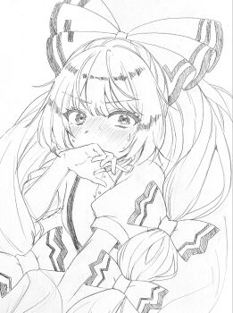 1girl blush bow commentary covering_own_mouth fujiwara_no_mokou greyscale hair_bow highres long_hair looking_at_viewer monochrome ringo33757 shirt simple_background sketch solo suspenders sweatdrop touhou