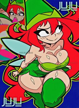 1girl 2026 absurdly_long_hair absurdres adjusting_clothes badjujuarts bare_shoulders betilla_(rayman) black_eyes body_freckles bracelet breasts cleavage clothes_pull commentary english_commentary fairy fairy_wings feet_out_of_frame floating freckles gold_bracelet green_hat green_outline green_thighhighs hair_between_eyes hat highres jewelry knee_up large_breasts long_hair microskirt midriff navel outline rayman_(series) rayman_origins red_hair side_slit sideways_glance skirt skirt_pull smile strapless thick_thighs thighhighs thighs ubisoft very_long_hair wings
