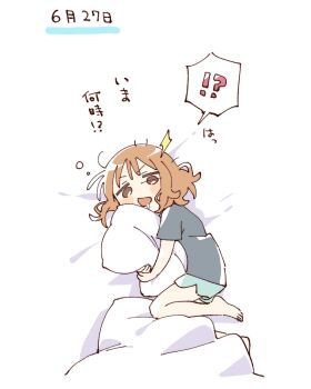 !? 1girl barefoot blanket blue_shirt blue_shorts blush_stickers brown_hair drooling full_body hashtag-only_commentary highres hugging_object looking_at_viewer lying messy_hair namori on_bed on_side oomuro_sakurako open_mouth pillow pillow_hug shirt short_hair short_sleeves shorts simple_background solo spoken_interrobang translation_request white_background yuruyuri