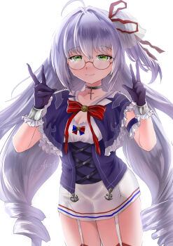 1girl ahoge azur_lane black_choker bow breasts choker cleavage commentary_request cross cross_choker frills gamuko07 garter_straps glasses gloves green_eyes hair_ribbon highres l'opiniatre_(azur_lane) long_hair looking_at_viewer miniskirt purple_gloves purple_hair red-framed_eyewear red_bow red_ribbon ribbon semi-rimless_eyewear simple_background skirt small_breasts solo very_long_hair white_background white_garter_straps white_skirt