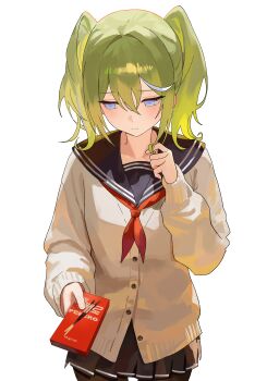 1girl absurdres black_skirt blue_eyes blush brown_cardigan cardigan commentary_request food green_hair highres nbee_ya neckerchief pleated_skirt pocky red_neckerchief sailor_collar school_uniform simple_background skirt solo stellive twintails virtual_youtuber white_background yuzuha_riko