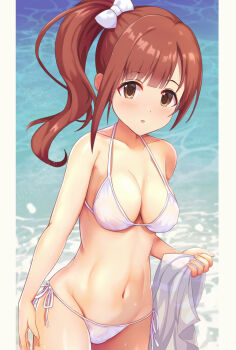 1girl bikini blue_background bow breasts brown_eyes brown_hair cleavage cowboy_shot glyn070605a hair_bow highres idolmaster idolmaster_cinderella_girls igarashi_kyoko lone_nape_hair long_hair looking_at_viewer lowleg lowleg_bikini medium_breasts ponytail side-tie_bikini_bottom side_ponytail solo swimsuit towel white_bikini white_bow