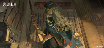 1girl armory black_coat black_dress black_gloves black_hat brown_hair coat coat_on_shoulders copyright_name copyright_notice corvus_(reverse:1999) dress from_behind gloves gun hat highres holding holding_gun holding_weapon logo long_hair looking_at_viewer looking_back official_art official_wallpaper parted_lips peaked_cap profile reverse:1999 rifle solo stitched_arm stitched_face stitches upper_body weapon