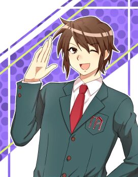 Rule 34 | 1boy, ;d, blazer, breast pocket, brown eyes, brown hair, buttons, collared shirt, commentary request, green jacket, hand up, jacket, kita high school uniform, koizumi itsuki, long sleeves, male focus, necktie, one eye closed, open mouth, pocket, red necktie, school emblem, school uniform, shirt, short hair, smile, solo, suzumiya haruhi no yuuutsu, takuan kaika, tongue, upper body, waving, white shirt, winter uniform