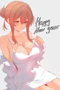 absurdres bow breasts brown_hair cleavage coat coat_partially_removed collarbone commentary covered_navel doki_doki_literature_club dress english_commentary green_eyes hair_bun happy_new_year highres kun_kaiss looking_down monika_(doki_doki_literature_club) new_year raised_eyebrows ribbon short_dress sidelocks smile white_bow white_coat white_dress white_ribbon