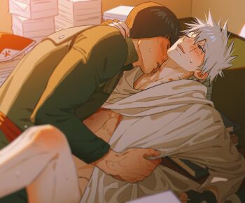 2boys arm_around_neck black_hair blunt_bangs blurry blurry_foreground blush bodysuit book book_stack bowl_cut bruise bruise_on_neck cheekbones closed_eyes fingerless_gloves flak_jacket gloves green_bodysuit green_vest grey_hair hair_between_eyes hat hatake_kakashi hickey highres implied_sex injury jacket m0_mo_momo male_focus might_guy mole mole_under_mouth multiple_boys naruto_(series) paper_stack parted_lips robe scar scar_across_eye scar_on_chest scar_on_face short_hair smile spiked_hair sweat unworn_hat unworn_headwear vest white_robe yaoi