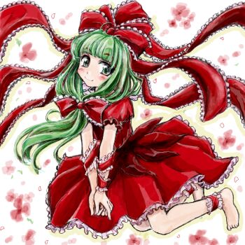 1girl ankle_garter barefoot bow dress female_focus flower frills front_ponytail full_body green_eyes green_hair hair_bow hair_ribbon kagiyama_hina matching_hair/eyes nanashii_(soregasisan) petals ribbon simple_background smile solo touhou white_background