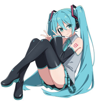 1girl bare_shoulders black_boots black_skirt blue_hair blush boots closed_mouth collared_shirt commentary double_v full_body green_eyes green_necktie grey_shirt hair_between_eyes hands_up hatsune_miku headset highres knees_up long_hair looking_at_viewer maud0239 miniskirt necktie number_tattoo pleated_skirt shirt shoulder_tattoo simple_background sitting skirt sleeveless sleeveless_shirt smile solo tattoo thigh_boots twintails v very_long_hair vocaloid white_background
