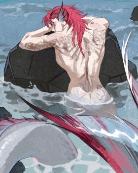 arcane:_league_of_legends arcane_vi arm_tattoo back back_muscles back_tattoo breast_press fins from_behind head_fins highres league_of_legends long_hair looking_at_viewer looking_back mermaid monster_girl muscular muscular_female nude ocean red_hair rock runhorserun submerged tattoo vi_(league_of_legends)