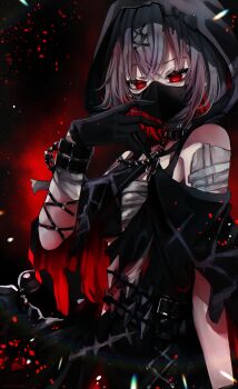 1girl absurdres bandaged_arm bandages black_choker black_cloak black_dress black_gloves black_hood black_mask chain choker cloak colored_inner_hair dress gloves grey_hair hair_ornament highres looking_at_viewer magical_girl mahou_shoujo_no_majo_saiban multicolored_hair red_eyes shito_alisa short_hair torn_clothes x_hair_ornament yuzuno_wagiri