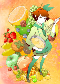 1girl acorn apple apron banana blueberry bowl brown_eyes brown_hair brown_shoes chef cherry food fruit grapes green_neckerchief green_shirt green_thighhighs guava_(fruit) highres holding holding_bowl holding_whisk kiwi_(fruit) mixing_bowl neckerchief orange_(fruit) orange_background original peach pear pineapple sakanobekurobee shirt shoes short_hair solo standing starfruit strawberry thighhighs tomato whisk