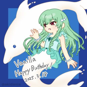 1girl :d absurdres bead_bracelet bead_necklace beads bracelet dated dolphin drill_hair drill_sidelocks galaxy_angel green_hair hair_beads hair_ornament happy_birthday highres jewelry kitaru long_hair mermaid monster_girl necklace open_mouth red_eyes sidelocks smile solo twitter_username vanilla_h