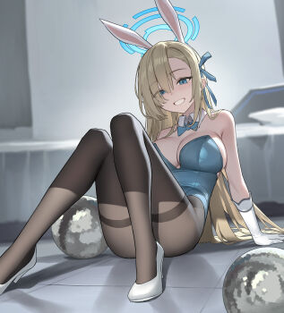 Rule 34 | 1girl, absurdres, asuna (blue archive), asuna (bunny) (blue archive), asymmetrical bangs, blonde hair, blue archive, blue bow, blue bowtie, blue eyes, blue halo, blue leotard, bow, bowtie, breasts, chinese commentary, cleavage, commentary request, gloves, hair over one eye, halo, highres, indoors, large breasts, leotard, long hair, looking at viewer, official alternate costume, pantyhose, playboy bunny, sitting, strapless, strapless leotard, thighband pantyhose, traditional bowtie, white gloves, xzu