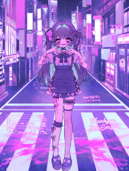 1girl absurdres aoi_bansoko asymmetrical_legwear bandaid black_skirt blood blood_on_face bow building choker city colored_inner_hair cross-laced_clothes english_text fishnet_socks fishnet_thighhighs fishnets frills full_body garter_straps hair_bow hair_intakes hair_ornament hairclip hands_up heart heart_hands highres jirai_kei legwear_garter long_hair looking_at_viewer multicolored_hair night open_mouth original outdoors pink_blood pink_eyes pink_theme puffy_sleeves purple_bow purple_hair purple_theme ribbon road self-harm shirt shoes short_sleeves single_garter_strap single_thighhigh skirt smile socks solo standing suspender_skirt suspenders thigh_strap thighhighs two_side_up
