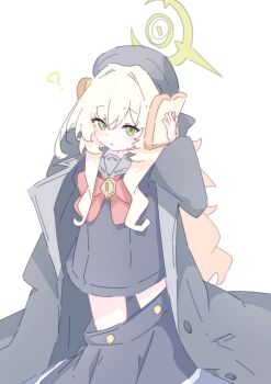 1girl ? absurdres beret black_coat black_hat black_sailor_collar black_serafuku black_skirt blonde_hair blue_archive bow bowtie bread bread_slice clothes_pull coat commentary_request food green_eyes halo hands_up hat highres holding holding_food idiot_sandwich_(meme) long_hair long_sleeves looking_at_viewer meme open_clothes open_coat parted_lips professor_niyaniya_(blue_archive) red_bow red_bowtie sailor_collar school_uniform serafuku shiratos_nas simple_background skirt skirt_pull solo standing very_long_hair white_background yellow_halo