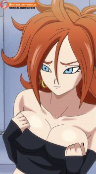 1girl android_21_(human) animated animated_gif big_breasts blush dragon_ball flashing flashing_her_tits foxybulma nipples