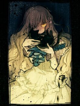 1girl animal blonde_hair cat dress heterochromia hinata_(echoloveloli) holding holding_animal holding_cat long_hair looking_at_viewer mary_clarissa_christie shikkoku_no_sharnoth solo steampunk_(liarsoft) yellow_eyes