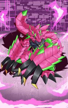 absurdres armalizamon armor claws commentary_request digimon digimon_(creature) digimon_beatbreak full_body grey_eyes highres laser_(akirawai) no_humans open_mouth pink_armor purple_background sharp_teeth teeth