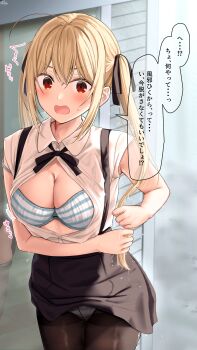 1girl ahoge armpit_crease armpits black_bow black_pantyhose black_ribbon black_skirt blonde_hair blonde_hair-chan_(ramchi) blush bow bra breasts cleavage crossed_bangs fang highres large_breasts long_hair midriff motion_lines open_mouth original pantyhose partially_unbuttoned ramchi red_eyes ribbon shirt shirt_tucked_in skirt solo speech_bubble strap_slip striped_bra striped_clothes surprised twintails underwear wet wet_clothes wet_shirt