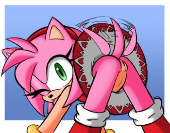 1girl 2025 ;p amy_rose anus ass bare_hips bare_legs bent_over boots bottomless colored dress eyelashes female_focus flexible furry green_eyes hedgehog highres jupiterorange legs long_eyelashes looking_at_viewer medium_hair no_panties one_eye_closed perineum pink_fur pink_hair pussy sega silly_face solo sonic_(series) sonic_frontiers tail third-party_edit tongue tongue_out top-down_bottom-up upskirt wink zennyc