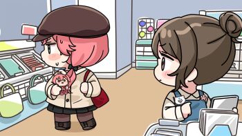 2girls apron bag black_bow black_skirt blue_apron blush_stickers boots bow brown_boots brown_eyes brown_hair brown_hat brown_jacket brown_pantyhose brown_shirt character_doll chibi collared_shirt doll flat_cap hair_bow hair_bun hat holding holding_doll hololive indoors jacket low_twintails mochimiko multiple_girls pantyhose pink_hair pleated_skirt sakura_miko shirt shop shoulder_bag skirt twintails virtual_youtuber