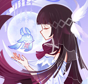 1girl bare_shoulders black_hair blunt_bangs closed_eyes columbina_(genshin_impact) dress eye_mask flower from_side full_moon genius_invokation_tcg_(style) genshin_impact gradient_hair hair_ornament head_wings long_hair luonnotar_(genshin_impact) mask moon multicolored_hair pink_hair solo sudabing transparent_vest upper_body veil wing_hair_ornament wings wisteria