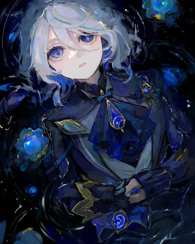 1girl absurdres afloat ascot asymmetrical_gloves blue_ascot blue_eyes blue_gem blue_hair blue_jacket commentary_request drop-shaped_pupils furina_(genshin_impact) gem genshin_impact gloves hair_between_eyes heterochromia highres in_water jacket long_sleeves looking_at_viewer looking_up mismatched_gloves mismatched_pupils multicolored_hair open_mouth ouji_fashion partially_submerged ripples solo streaked_hair symbol-shaped_pupils tehettenandayo water wet wet_clothes white_hair