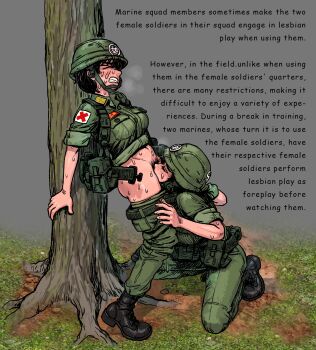 2girls against_tree blush boots clenched_teeth closed_eyes clothes_pull comic_sans cunnilingus english_text female_soldier gogocherry helmet highres multiple_girls nose_blush oral outdoors pants pants_pull pubic_hair sex_slave sex_toy soldier source_request standing sweat teeth text_focus tree very_sweaty yuri
