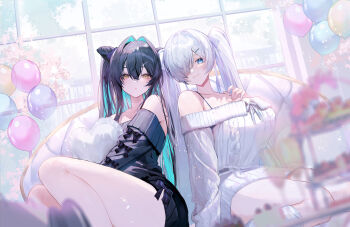 Rule 34 | absurdres, alternate costume, aqua hair, balloon, black bow, black hair, blue eyes, bow, breasts, closed mouth, collarbone, colored inner hair, commentary request, goddess of victory: nikke, hair intakes, hair over one eye, heart, heart-shaped pillow, highres, holding, holding pillow, large breasts, little mermaid (nikke), long hair, long sleeves, looking at viewer, multicolored hair, off-shoulder sweater, off shoulder, official alternate eye color, one eye covered, pillow, sitting, smile, socks, sweater, thighs, twintails, user evtw5873, very long hair, white hair, white socks, window, yellow eyes