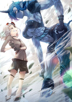 2girls abs adjusting_clothes adjusting_gloves arched_back armor black_choker black_gloves blue_eyes blue_hair blue_skin boots borrowed_character bow breasts brown_footwear brown_shirt brown_shorts choker closed_mouth cluseller collarbone colored_skin commission eye_contact eyepatch fang female_focus fingerless_gloves flower gloves grey_hair grin hair_bow hair_flower hair_ornament hair_over_one_eye hand_on_own_hip hands_up happy highres horn horns knee_pads large_breasts leaf leaning_forward light_particles long_legs long_sleeves looking_at_another looking_down looking_up multiple_girls muscular muscular_female navel oni original pink_bow pointy_ears red_flower red_rose rose sharp_nails shirt short_hair short_shorts shorts shoulder_armor sidelocks sideways_mouth single_horn size_difference skin_fang small_breasts smile standing stomach teeth thigh_strap towering underboob wind yellow_eyes