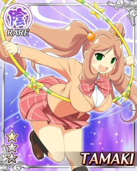 1girl :d border bow bowtie breasts brown_hair card_(medium) character_name english_text game_cg green_eyes hair_bobbles hair_ornament holding_hula_hoop hoop hula_hoop jacket large_breasts leaning_forward long_hair looking_at_viewer non-web_source official_alternate_costume official_art open_mouth orange_jacket plaid_bow plaid_bowtie plaid_clothes plaid_skirt red_bow red_bowtie red_skirt school_uniform senran_kagura senran_kagura_new_wave shirt skirt smile solo standing standing_on_one_leg tamaki_(senran_kagura) twintails white_shirt