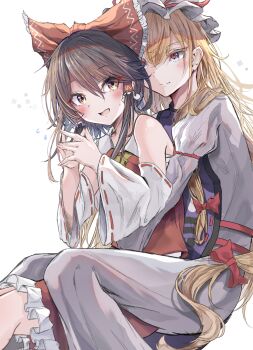 2girls black_hair blonde_hair blush bow commentary detached_sleeves fingernails flying_sweatdrops frilled_bow frilled_hair_tubes frilled_hat frills hair_between_eyes hair_bow hair_tubes hakurei_reimu hat hegata_(hegatia_lapis) highres hug hug_from_behind invisible_chair long_hair looking_at_another looking_at_viewer mob_cap multiple_girls own_hands_together purple_tabard red_bow red_shirt red_skirt shirt simple_background sitting skirt smile steepled_fingers sweatdrop tabard touhou very_long_hair white_background white_hat yakumo_yukari yuri