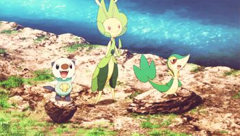 1girl 2boys animated animated_gif gen_5_pokemon leavanny lowres multiple_boys nintendo no_humans oshawott pokemon pokemon_(anime) pokemon_(creature) river rock snivy