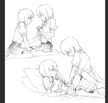 2girls amakura_mayu amakura_mio bandaged_leg bandages barefoot bed_sheet blush bob_cut bow bowtie chinese_commentary closed_eyes closed_mouth clothes_lift commentary_request facing_another fatal_frame fatal_frame_ii:_crimson_butterfly frilled_sleeves frills greyscale hand_on_another's_stomach hand_on_own_chest hand_up hands_up head_on_pillow incest kirinorui kneeling legs_up lifting_own_clothes looking_at_another looking_down looking_up lying miniskirt monochrome multiple_girls multiple_views navel nose_blush on_back parted_lips pillarboxed pillow pleated_skirt profile puffy_short_sleeves puffy_sleeves raised_eyebrows shirt_lift shirt_tucked_in short_hair short_sleeves siblings simple_background sisters sitting skirt twincest twins uncommon_stimulation wariza white_background womb_massage yuri