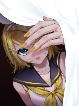 Rule 34 | 1girl, absurdres, aqua eyes, arm up, bare shoulders, black sailor collar, blonde hair, collarbone, curtains, fingernails, from above, hair ornament, hair ribbon, hairband, hairclip, highres, inu8neko, kagamine rin, long fingernails, looking at viewer, looking up, medium hair, nail polish, neckerchief, opening curtains, parted lips, ribbon, sailor collar, school uniform, serafuku, shirt, sleeveless, sleeveless shirt, solo, swept bangs, treble clef, vocaloid, white hairband, white ribbon, white shirt, yellow nails, yellow neckerchief