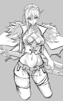 Rule 34 | 1girl, alpha: crimson weave (vow of dragon) (pgr), alpha (pgr), breasts, breasts apart, center opening, closed mouth, commentary request, crop top, ear piercing, fur-trimmed jacket, fur trim, grey background, greyscale, hair between eyes, heterochromia, highres, jacket, medium breasts, medium hair, monochrome, navel, official alternate costume, piercing, poipoi poip, punishing: gray raven, red eyes, short shorts, shorts, simple background, solo, spot color, stomach, sword, thighs, weapon, yellow eyes