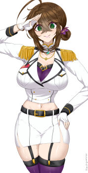 1girl ahoge breast_pocket breasts brown_hair chamumi_(mochiumee) choker commentary_request epaulettes female_admiral_(kancolle) fingerless_gloves folded_ponytail garter_belt gloves green_eyes hand_on_own_hip highres jacket kantai_collection large_breasts looking_at_viewer midriff military_jacket miniskirt mole mole_on_breast mole_under_mouth pencil_skirt pocket salute simple_background skirt smile solo thighhighs white_background white_choker white_gloves white_jacket