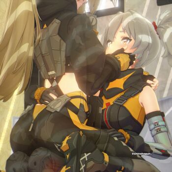2girls 3d blonde_hair english_text gloves grey_hair hand_on_another&#039;s_back highres looking_at_another looking_up multiple_girls no_eyewear shinshogun sitting sitting_on_lap sitting_on_person soldier_11_(zenless_zone_zero) trigger_(zenless_zone_zero) yellow_eyes yuri zenless_zone_zero